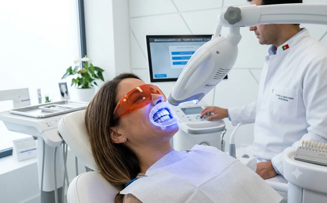Sessão de branqueamento dentário em consultório com luz LED na Porto Smile Matosinhos