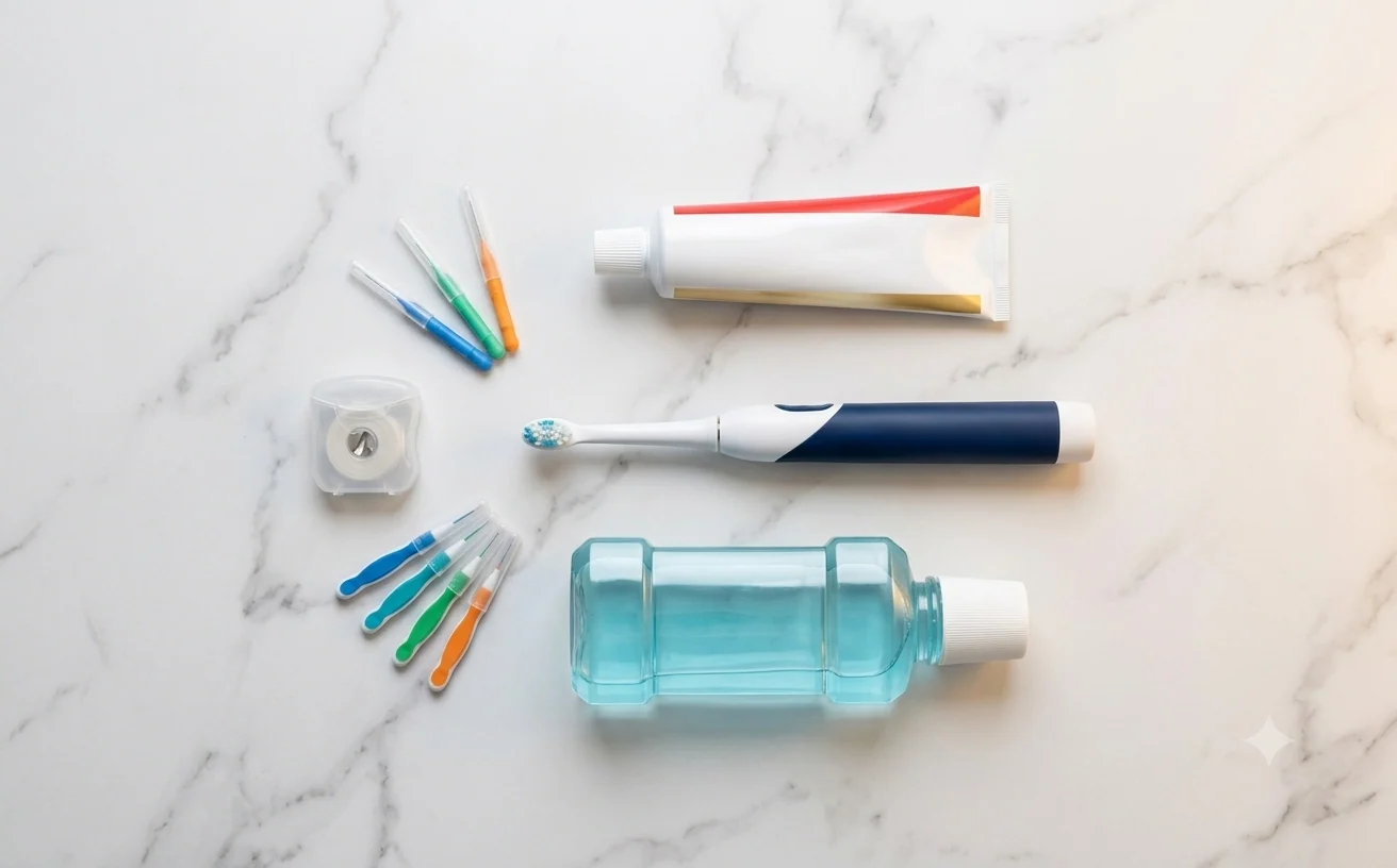 Oral hygiene tools: toothbrush, dental floss and toothpaste