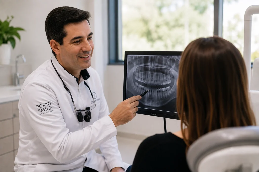 Dr. Elton Dias a explicar uma radiografia dentária a uma paciente, na Porto Smile