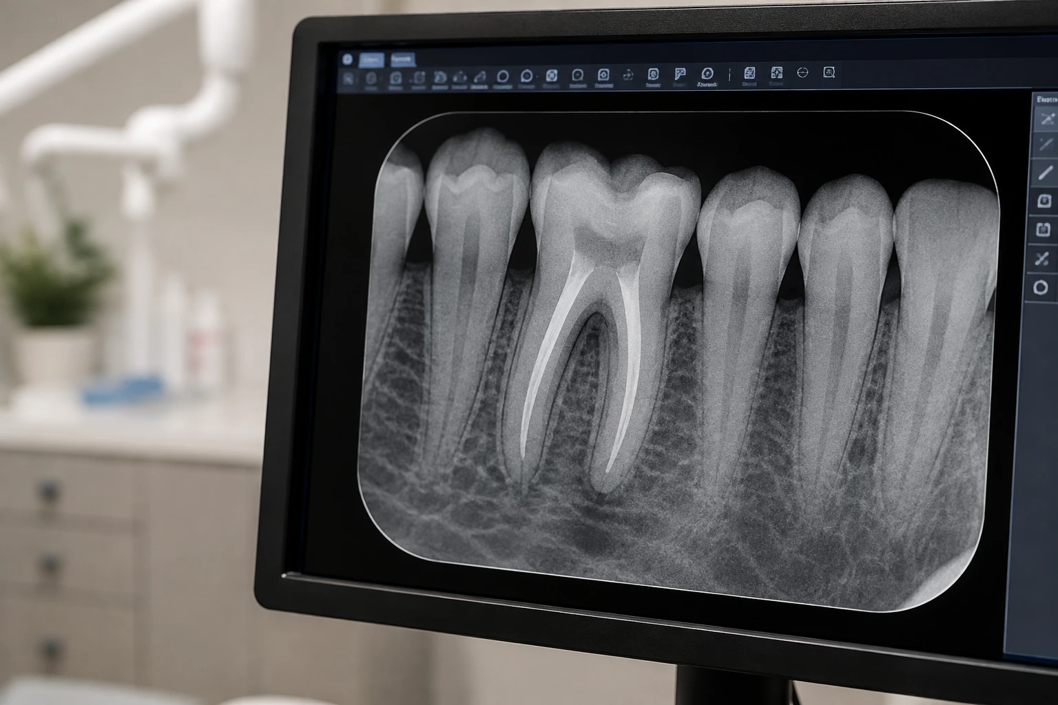 Radiografia dentária a mostrar a raiz de um dente num ecrã, na Porto Smile