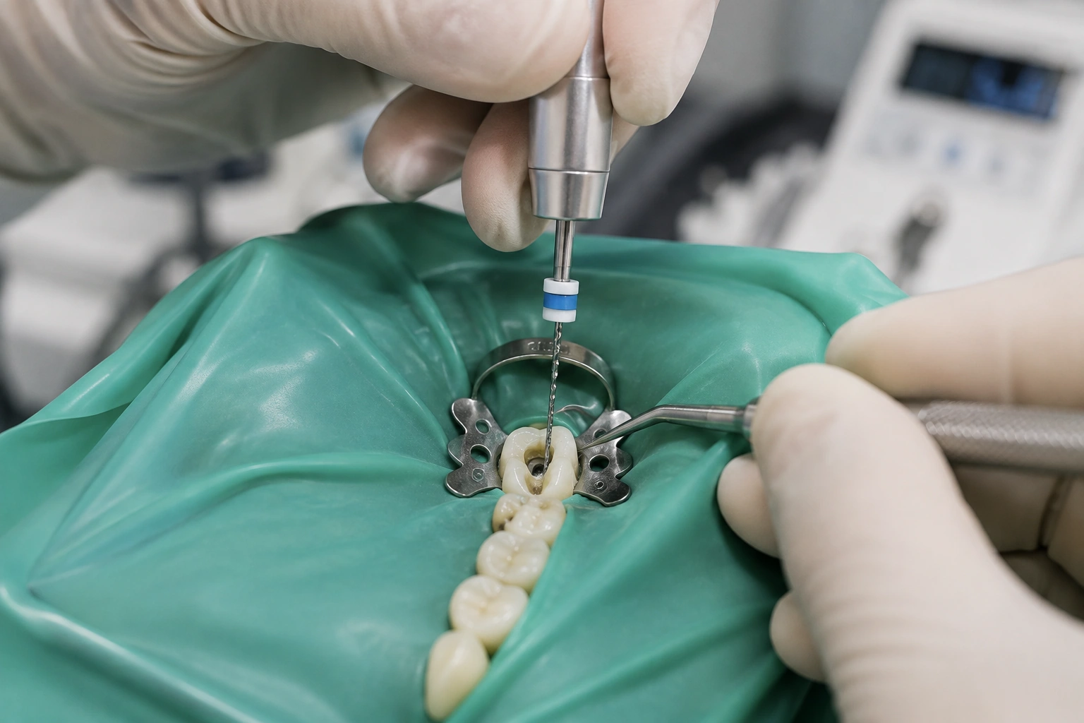 Instrumentos de endodontia a serem usados num dente isolado com dique de borracha, na Porto Smile
