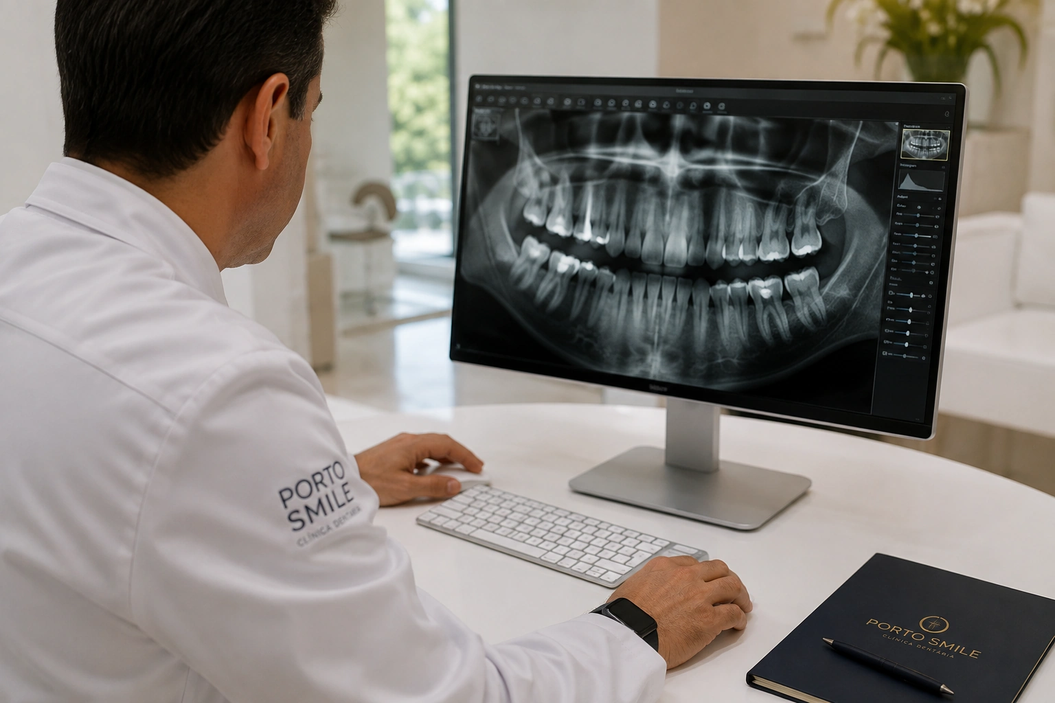 Dr. Elton Dias a analisar uma radiografia panorâmica no consultório da Porto Smile