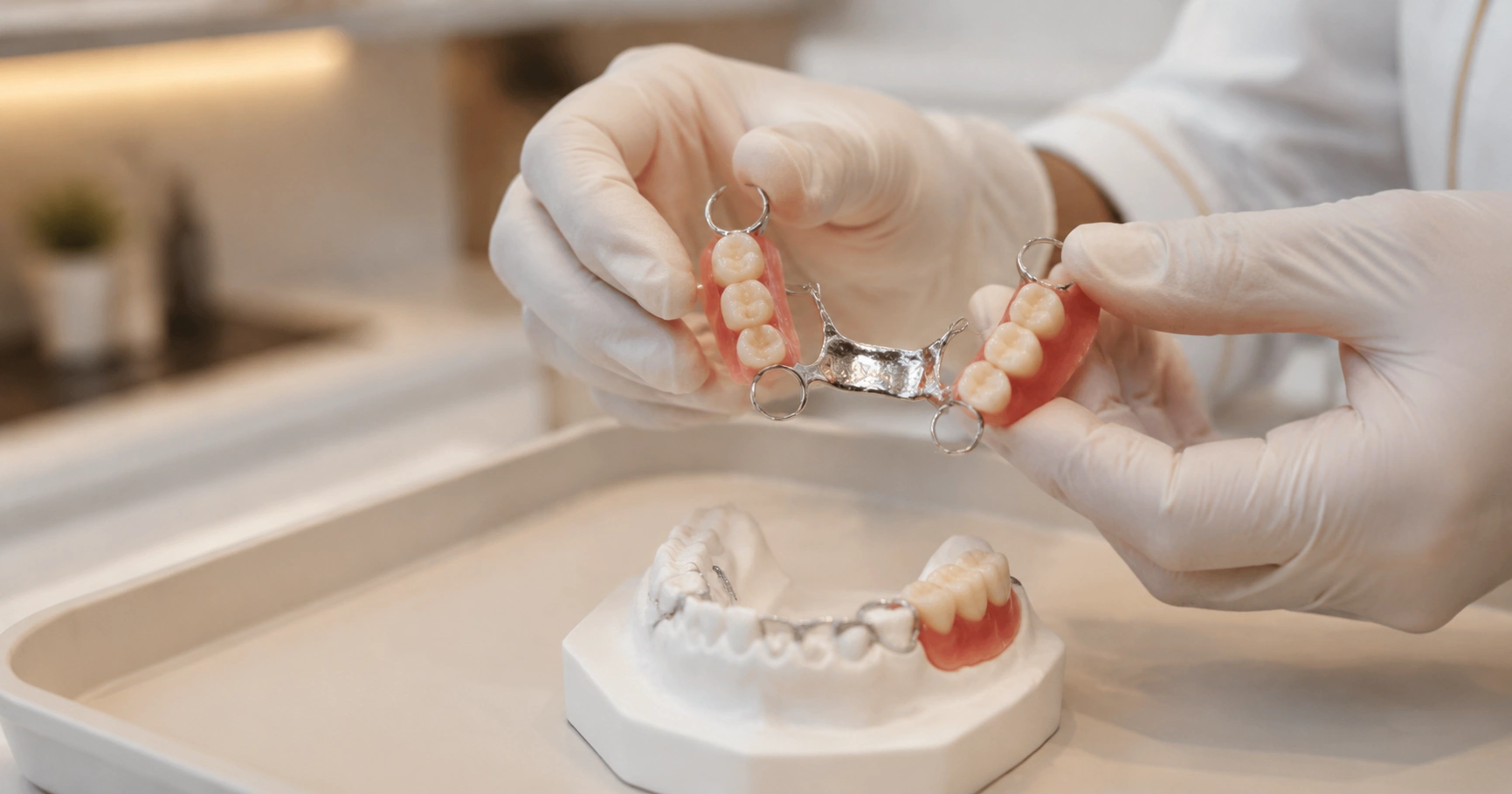 Prótese dentária removível parcial com ganchos, em modelo de gesso, na Porto Smile