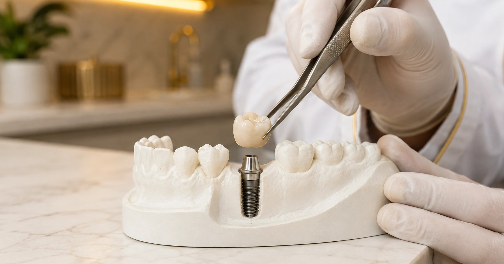 Coroa fixa a ser colocada sobre implante dentário, em modelo, na Porto Smile